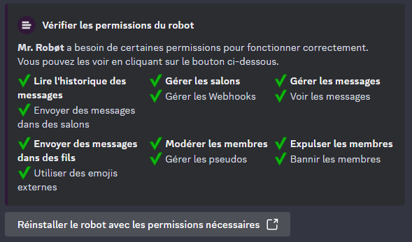 Menu pour vérifier les permissions du robot