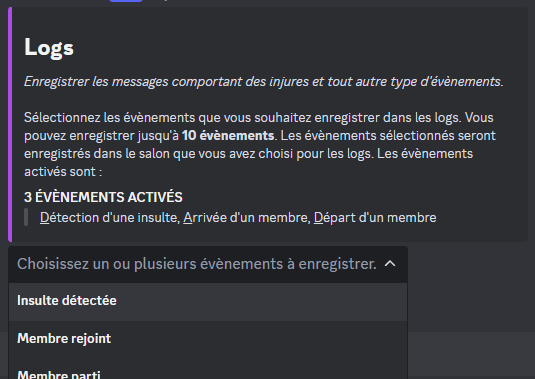 Message de Mr. Robøt pour configurer les évènements à logger