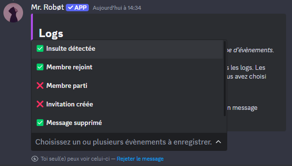 Message de Mr. Robøt pour configurer les évènements à logger